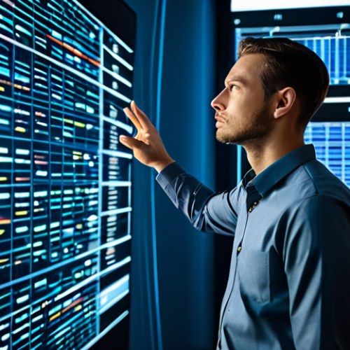 Home 14 A focused male data analyst, wearing a modest business casual shirt and trousers, standing in a modern data analysis center. Large, interactive holographic screens display complex, vibrant data visualizations and abstract flowing data streams in the background. The analyst subtly gestures towards the display, immersed in thought. The scene is sophisticated, slightly futuristic, clean, and well-lit. Professional photography, high detail, realistic, cinematic lighting, fully clothed, modest clothing, appropriate attire, professional dress, perfect anatomy, correct proportions, natural pose, well-formed hands, proper finger count, natural body proportions, safe for work, appropriate content, professional.