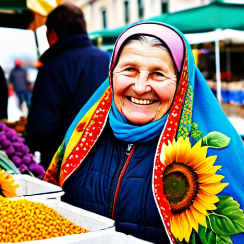 Home 13 ** A cheerful babushka in a brightly colored floral shawl, selling sunflower seeds at a bustling local farmers market (rynok) in springtime. Focus on the vibrant colors and textures of the produce and the warm smile of the babushka. "Professional photography, high resolution, realistic, natural lighting, safe for work, appropriate content, fully clothed, modest, family-friendly, perfect anatomy, correct proportions, natural pose."
**