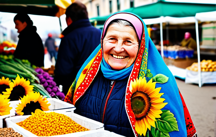 ** A cheerful babushka in a brightly colored floral shawl, selling sunflower seeds at a bustling local farmers market (rynok) in springtime. Focus on the vibrant colors and textures of the produce and the warm smile of the babushka. "Professional photography, high resolution, realistic, natural lighting, safe for work, appropriate content, fully clothed, modest, family-friendly, perfect anatomy, correct proportions, natural pose."
**