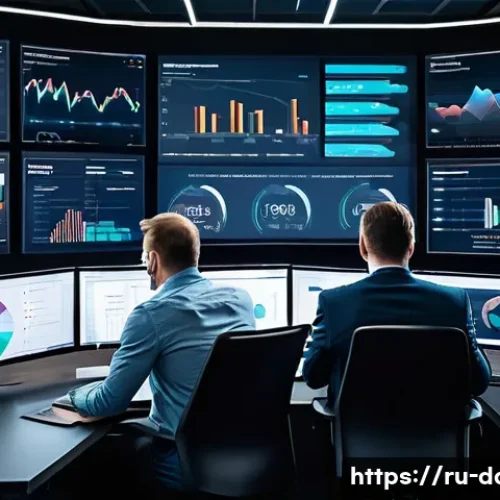 데이터사이언스와 생물정보학 - A high-tech data analytics control room featuring diverse professionals of Russian ethnicity collabo...