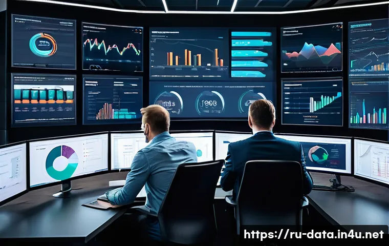 데이터사이언스와 생물정보학 - A high-tech data analytics control room featuring diverse professionals of Russian ethnicity collabo...