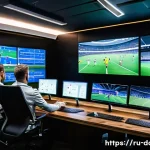 Home 20 데이터사이언스와 스포츠 분석 - A modern sports coaching room with a diverse team of professional football coaches analyzing multipl...