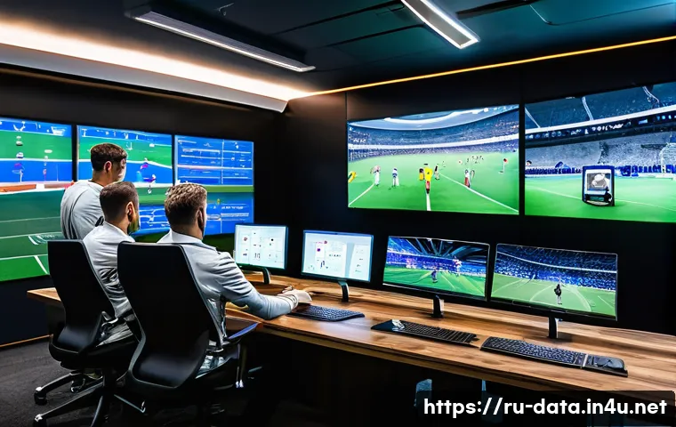 데이터사이언스와 스포츠 분석 - A modern sports coaching room with a diverse team of professional football coaches analyzing multipl...