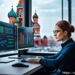 Home 19 데이터사이언스 필수 프로그래밍 - A modern data scientist working in a sleek, high-tech office in Moscow, surrounded by multiple monit...