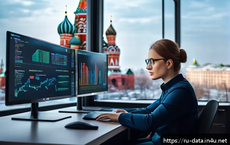 데이터사이언스 필수 프로그래밍 - A modern data scientist working in a sleek, high-tech office in Moscow, surrounded by multiple monit...