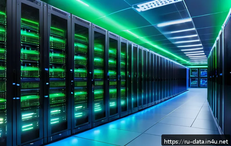 데이터사이언스에서 Hadoop 활용 - A modern data center interior showing a large-scale distributed computing cluster with rows of serve...
