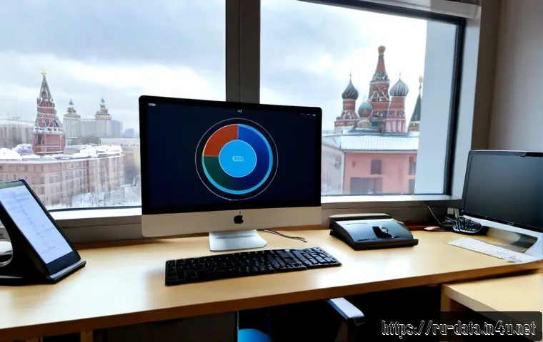 Home 17 데이터사이언스 데이터 저장 및 처리 - Photorealistic modern data science workspace in Moscow, a Russian analyst viewed from behind organiz...