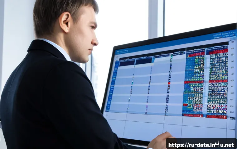 Home 17 데이터사이언스에서 결측치 처리 - Photorealistic Russian data analyst in a modern Moscow-style office, carefully reviewing an unlabele...